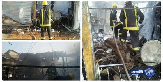 التماس كهربائي يتسبب في حريق احد الاسواق بينبع النخل