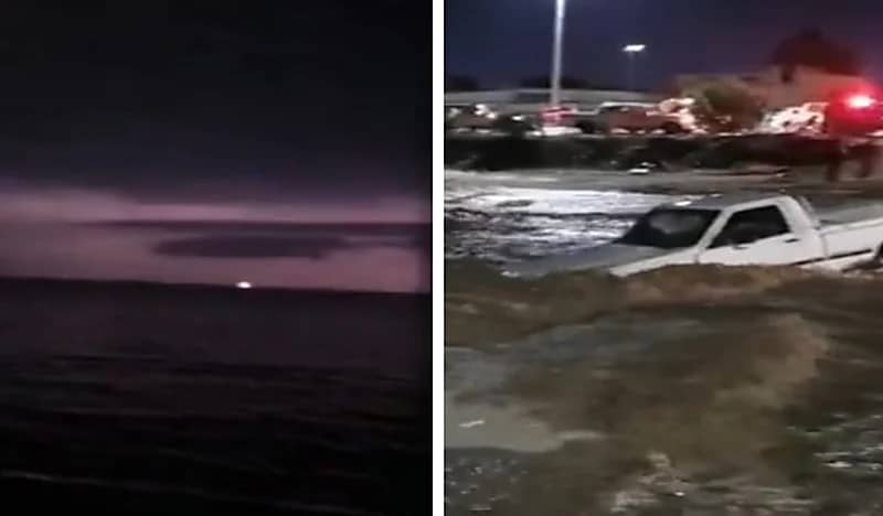 شاهد.. سيول قوية تجرف سيارة بأملج وصاعقة رعدية تضرب البحر