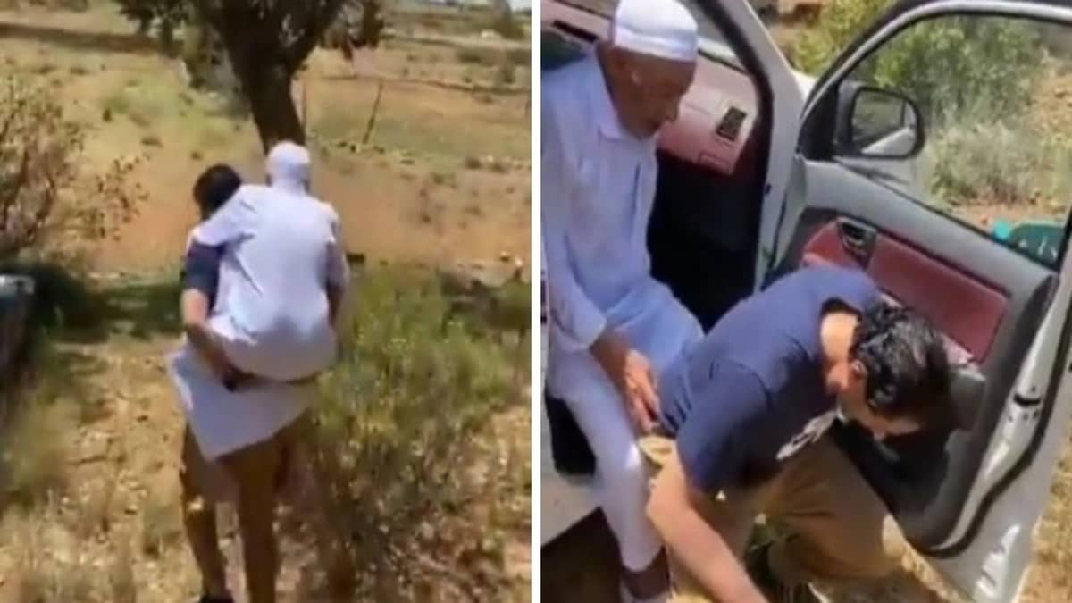 شاهد.. العداء العالمي سعد شداد يحمل والده فوق ظهره للتنزه بعسير