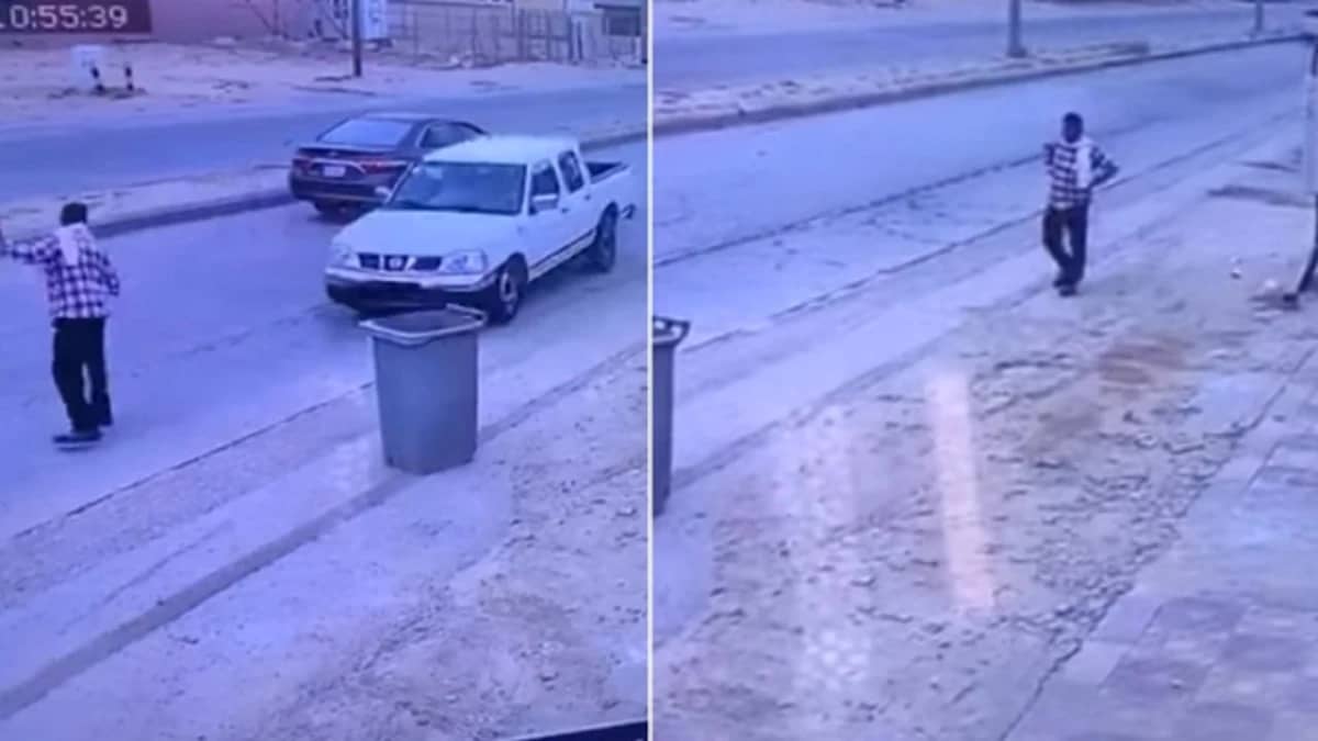 شاهد.. سيارة تعكس الطريق بسرعة جنونية وتدهس عاملا