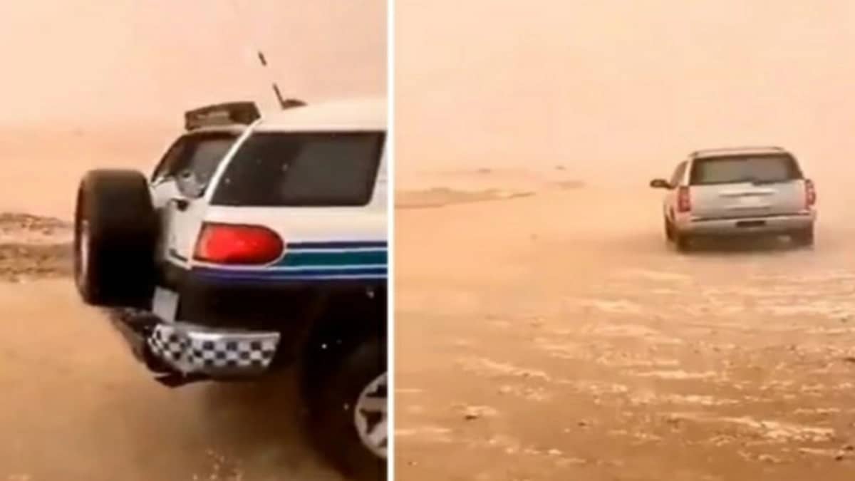 شاهد.. حبات البرد تكسر زجاج دورية مرور في الجوف