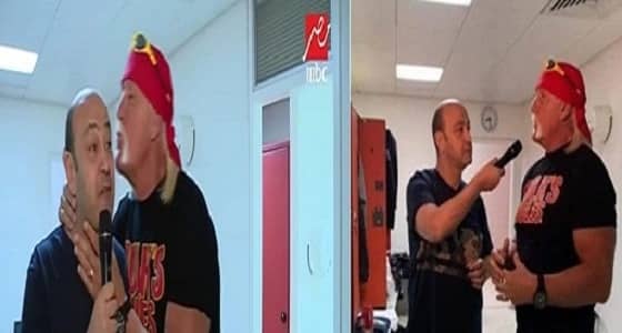 بالفيديو.. أسطورة المصارعة «هوجان» يقبل رأس عمرو أديب في لقاء طريف بالرياض